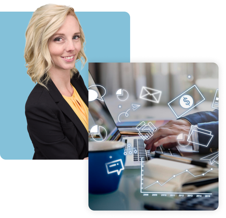 Its an image composed of 2, one is a picture of Amanda Clark owner of Hour51 digital marketing agency. The second image is an office with some tech icons overlay.
